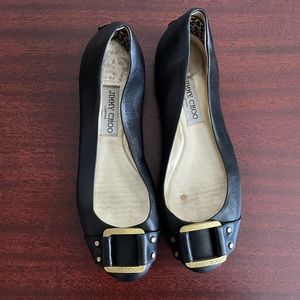 Jimmy Choo London Morse Liquid Leather 808 Bone Buckle Black Ballet Flats